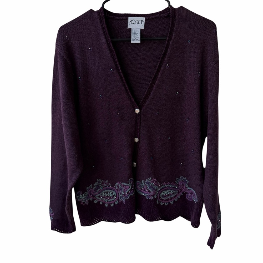 Koret Deep Purple Knit Cardigan with Teal Embroidery and crochet hems Size M